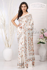 Cream White Multithread Exquisite Kantha Stitch Saree - Craftyle