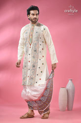 Cream white multithread kantha hand embroidered men’s kurta off-white patterned 5