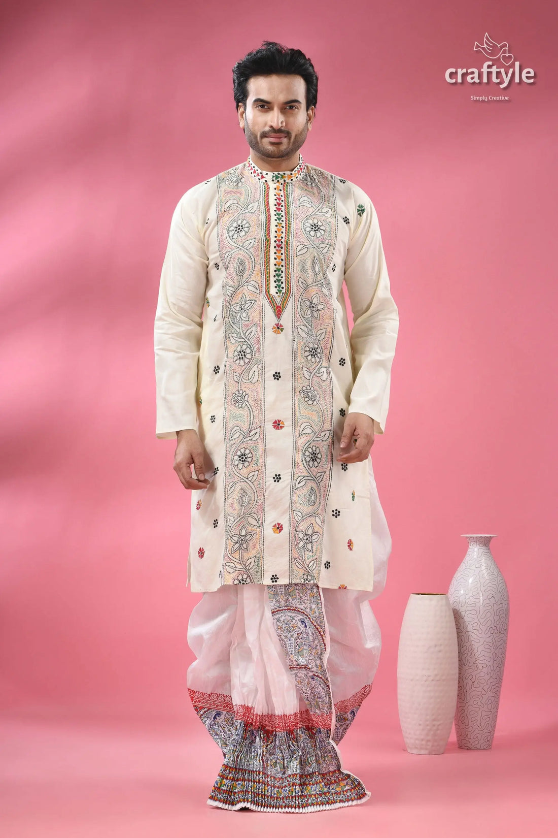 Cream white multithread kantha hand embroidered men’s kurta men’s off white embroidered kurta dhoti 1