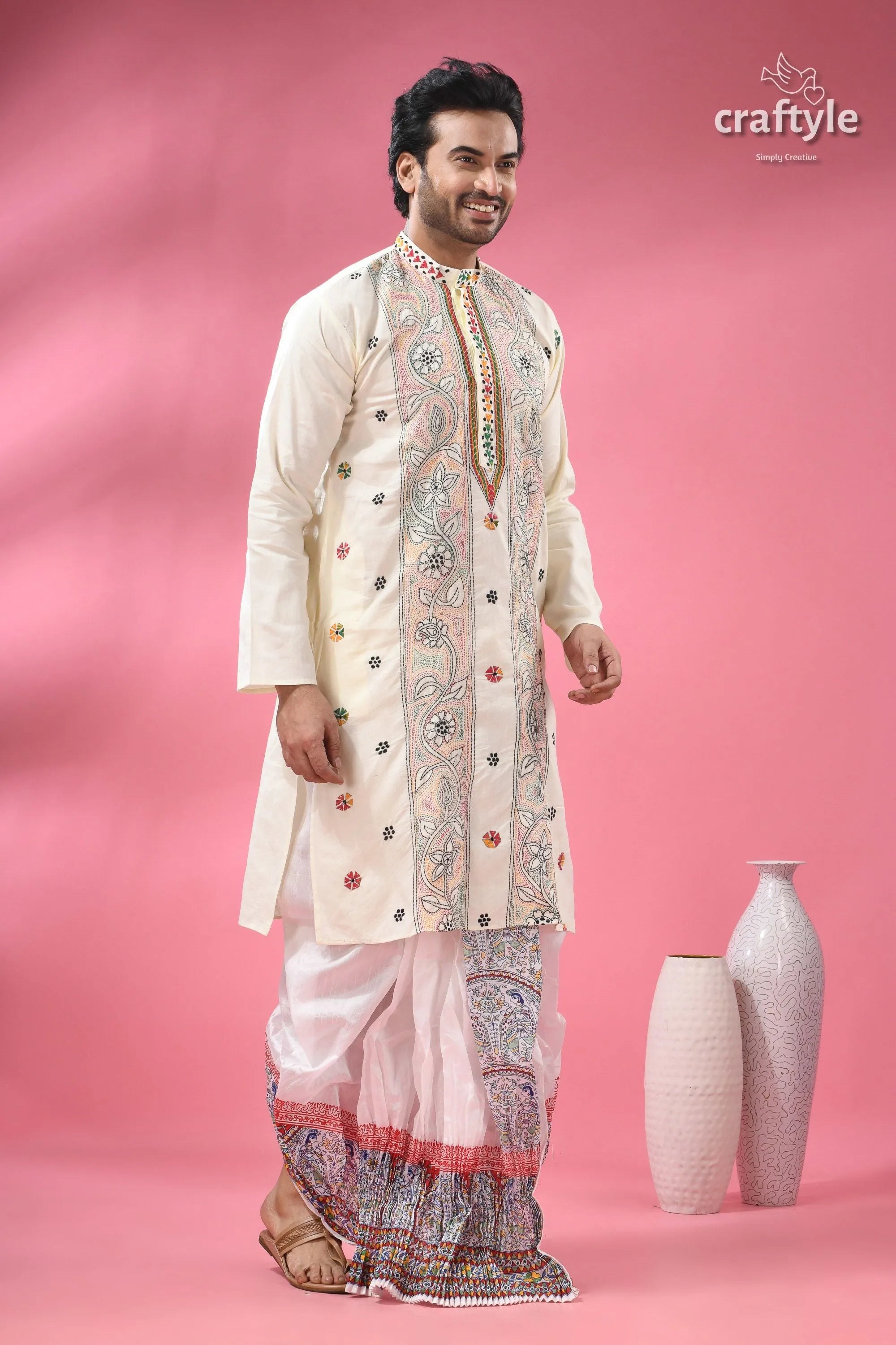 Cream white multithread kantha hand embroidered men’s kurta man’s off-white dhoti 4