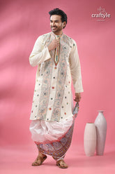 Cream white multithread kantha hand embroidered men’s kurta man dhoti 6