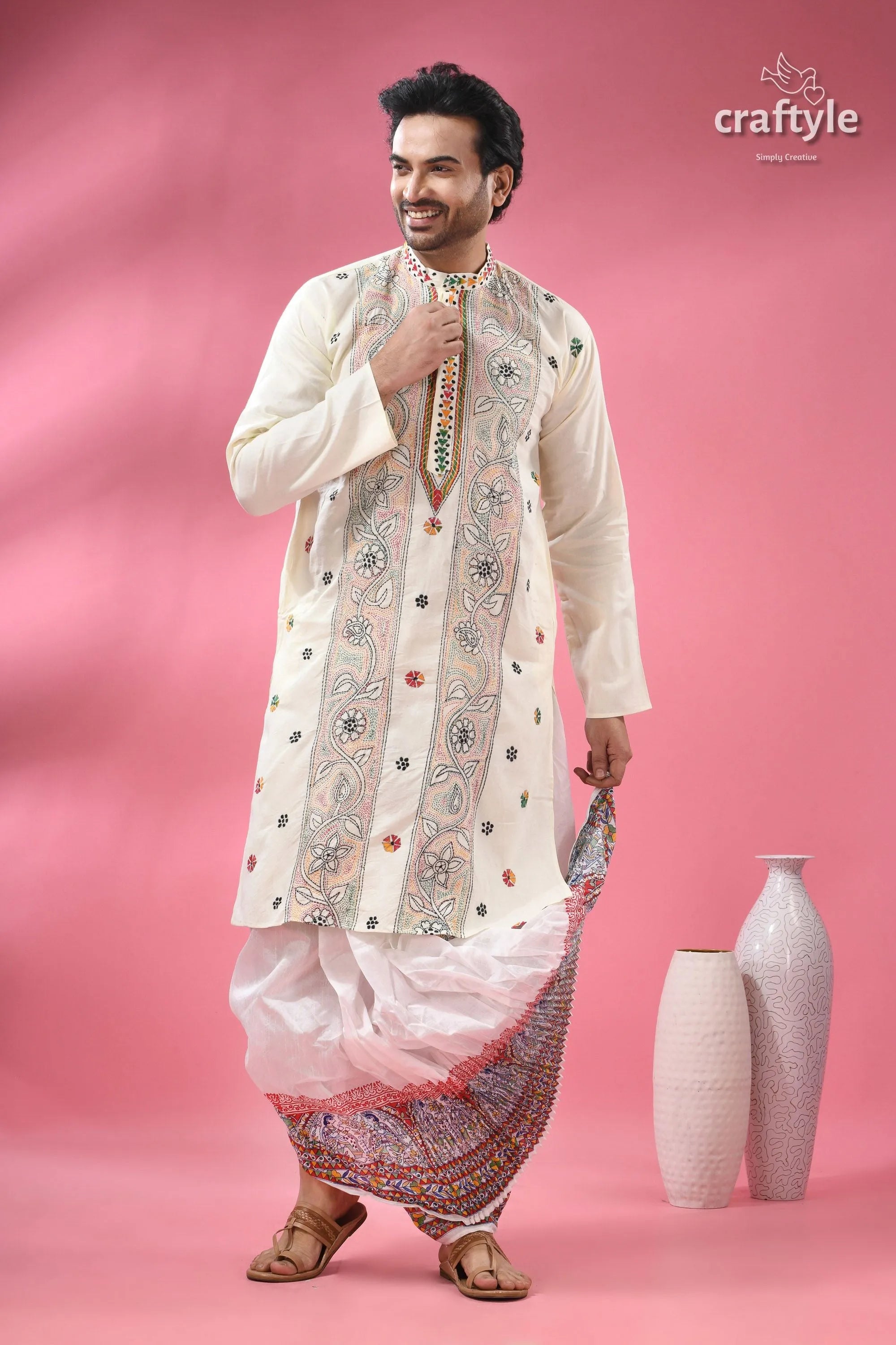 Cream white multithread kantha hand embroidered men’s kurta man dhoti 6