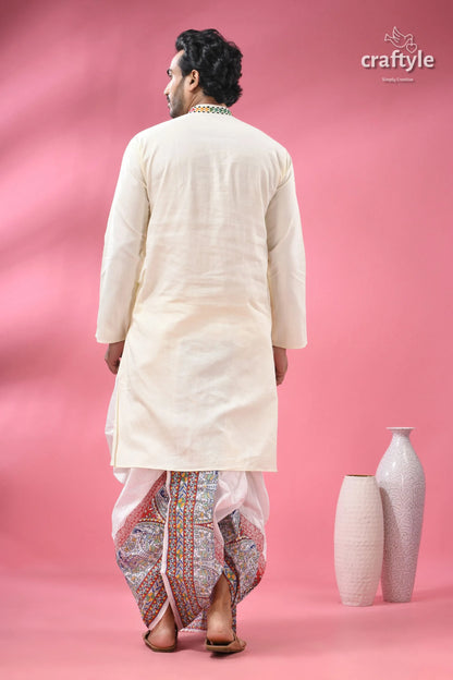 Cream white multithread kantha hand embroidered men’s kurta off-white patterned dhoti 7