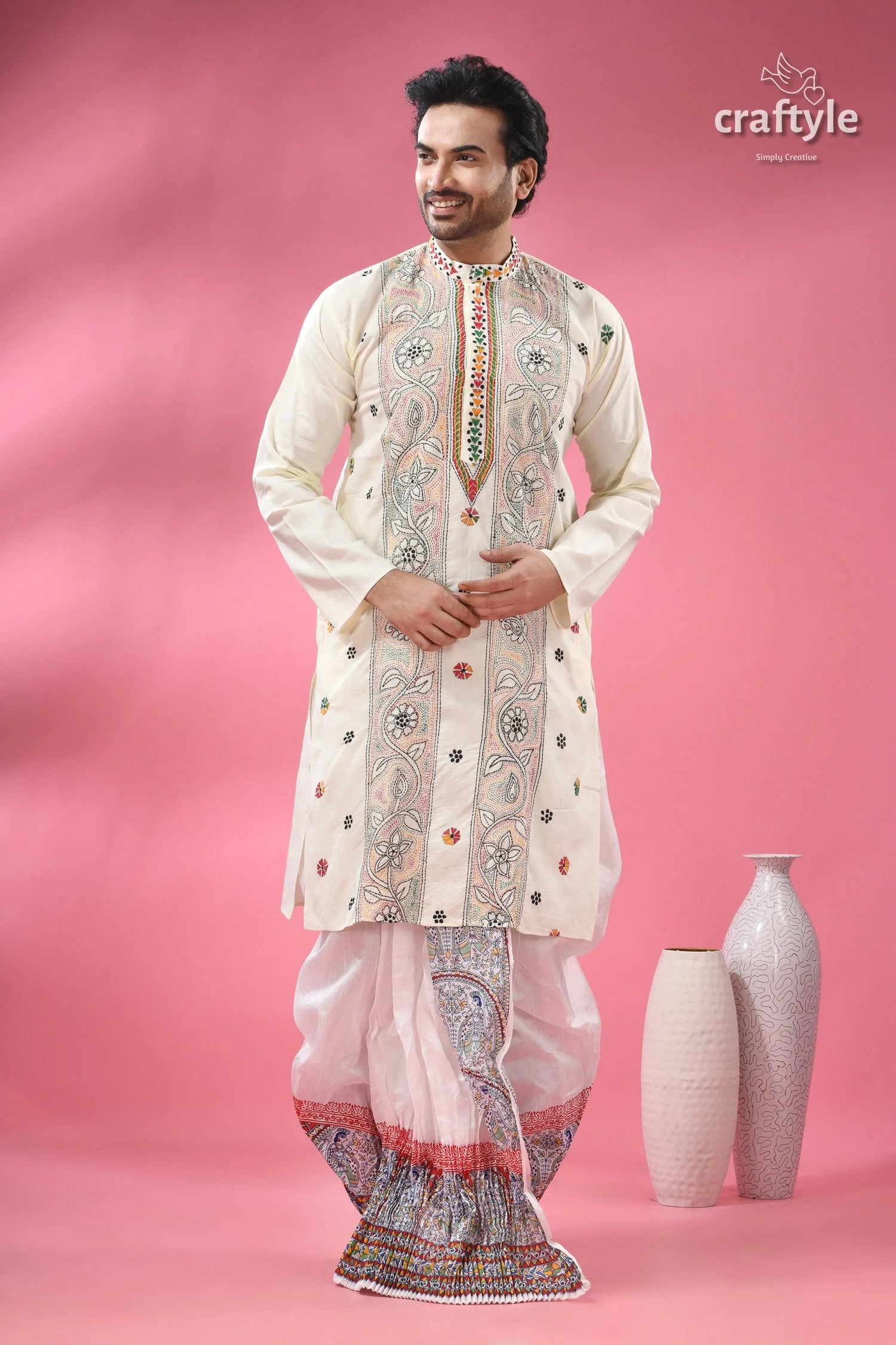 Cream white multithread kantha hand embroidered men’s kurta off-white cotton 3