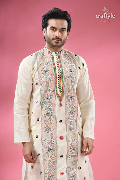 Cream white multithread kantha hand embroidered men’s kurta cream-colored intricate floral 2
