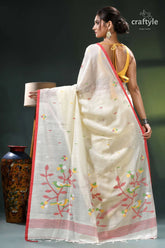 Cream white nature theme handwoven soft cotton jamdani saree cream-colored saree floral embroidery pink 5
