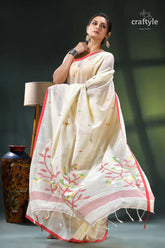 Cream white nature theme handwoven soft cotton jamdani saree cream-colored hand-painted saree pink green 4