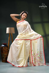 Cream white nature theme handwoven soft cotton jamdani saree cream-colored floral saree red gold 6