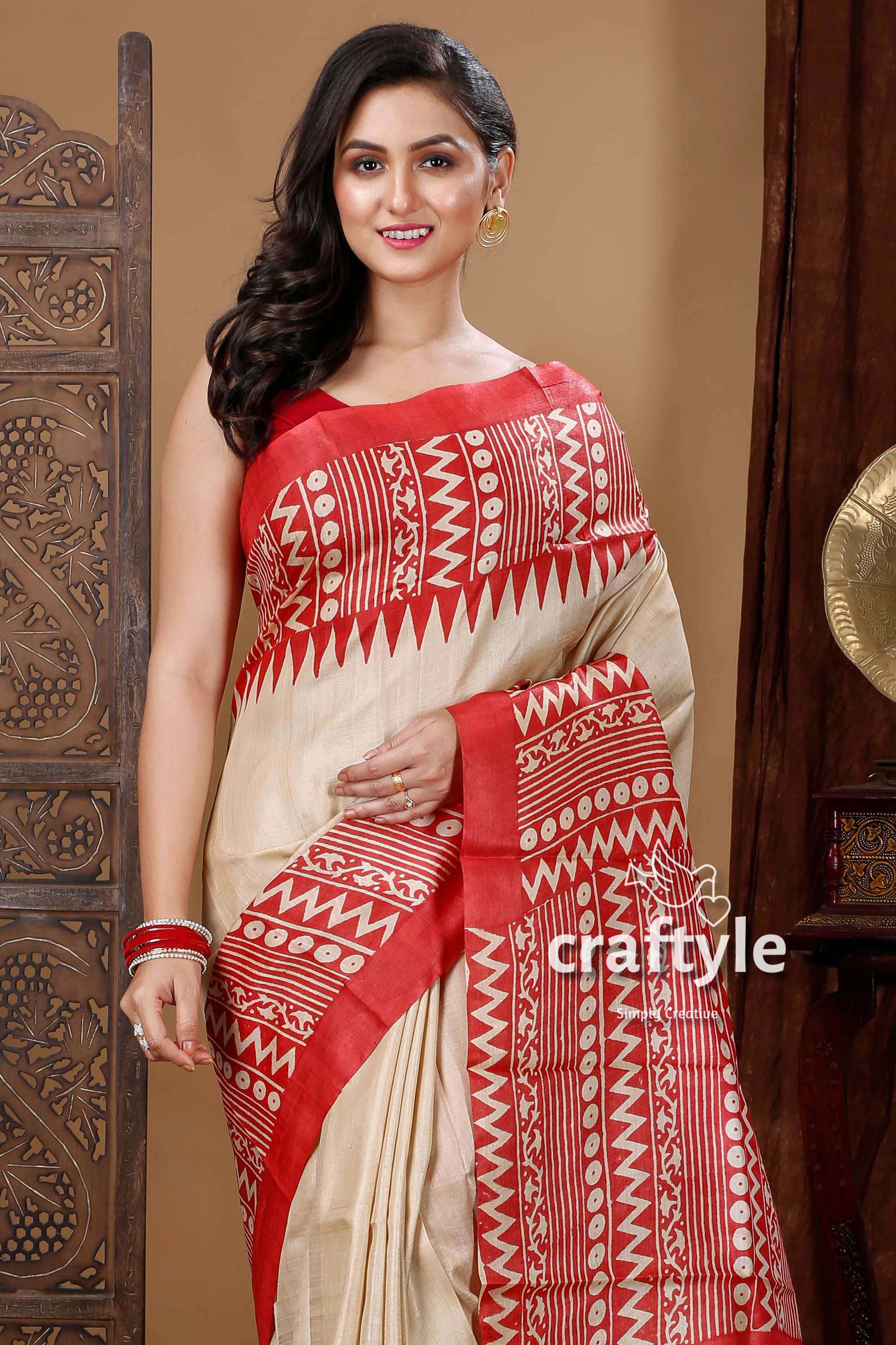 Cream White &amp; Red Hand Block Pure Tussar Saree for Women - Craftyle