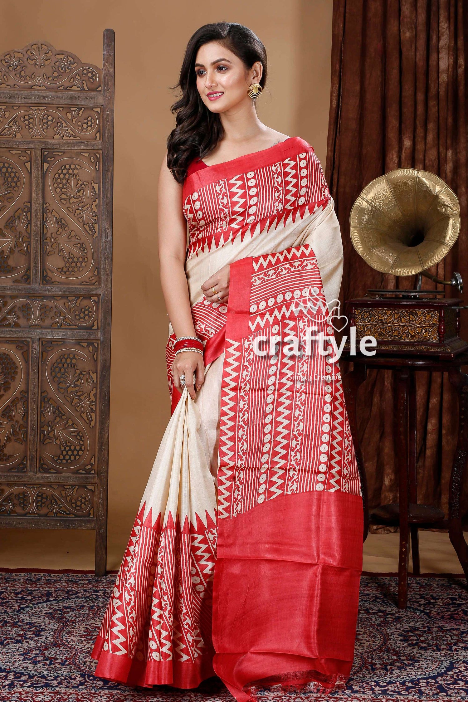 Cream White &amp; Red Hand Block Pure Tussar Saree for Women - Craftyle