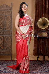 Cream White & Red Hand Block Pure Tussar Saree for Women - Craftyle