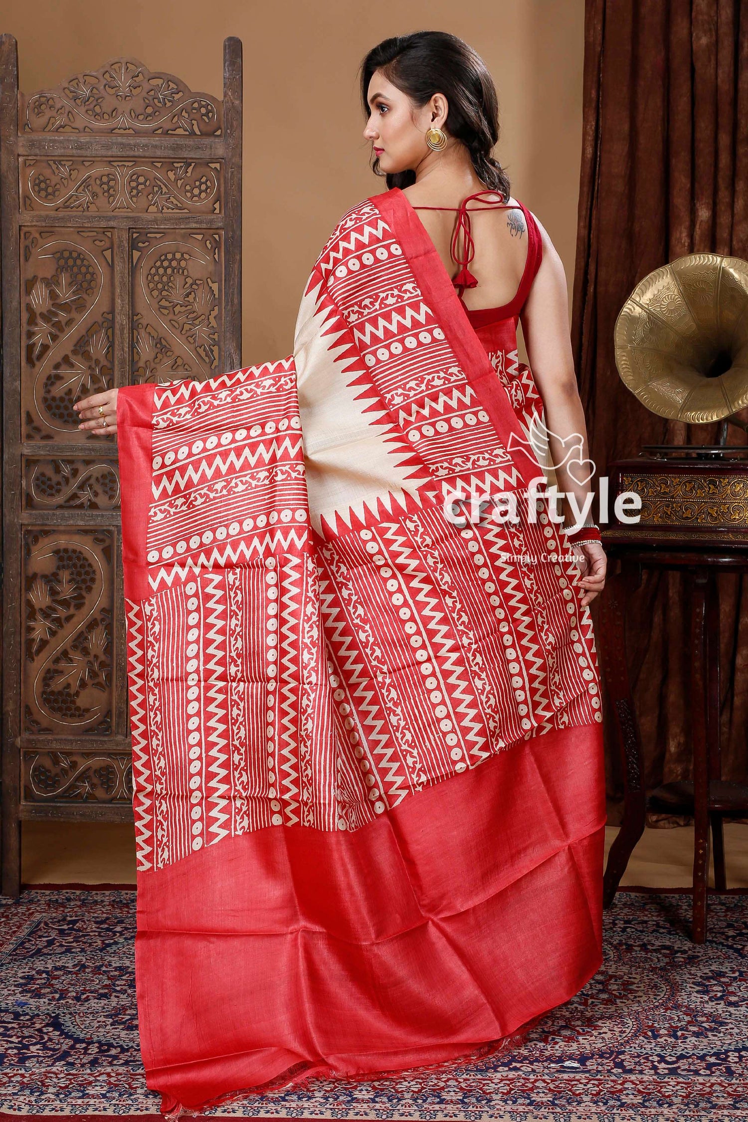 Cream White &amp; Red Hand Block Pure Tussar Saree for Women - Craftyle