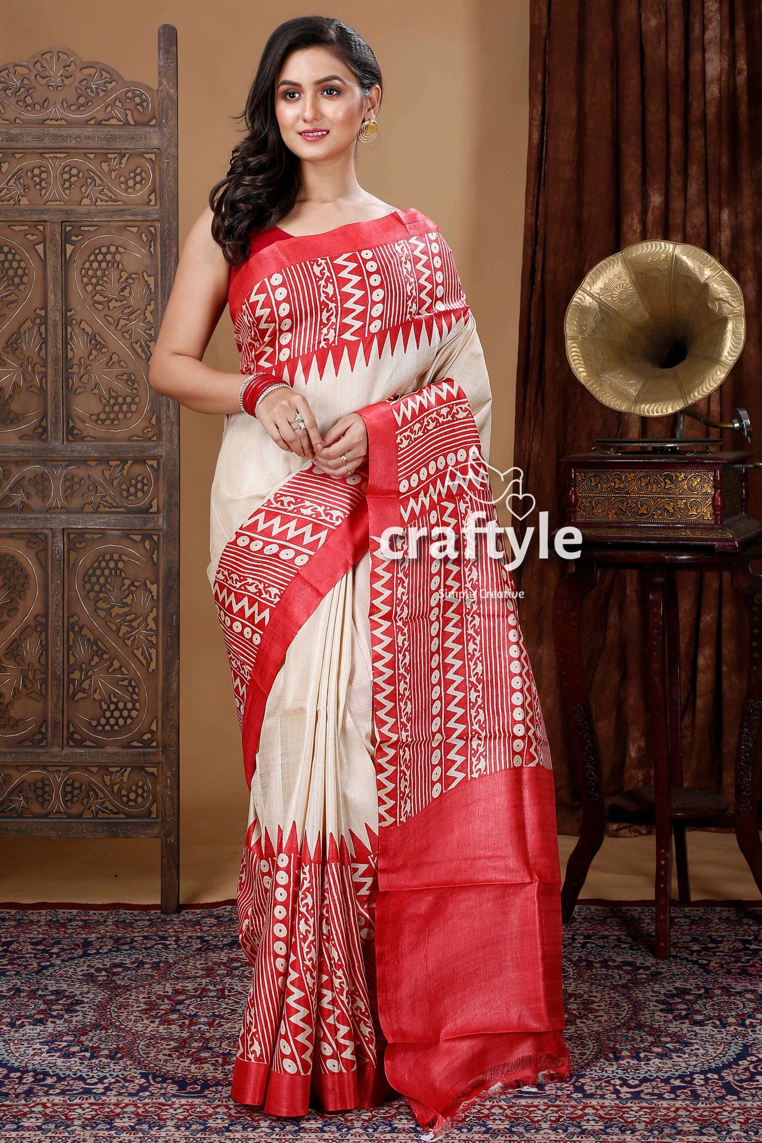 Cream White &amp; Red Hand Block Pure Tussar Saree for Women - Craftyle