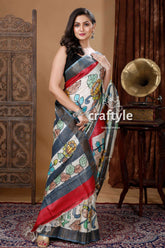 Cream white & Red Handcrafted Zari Border Pure Tussar Kalamkari Sari - Craftyle