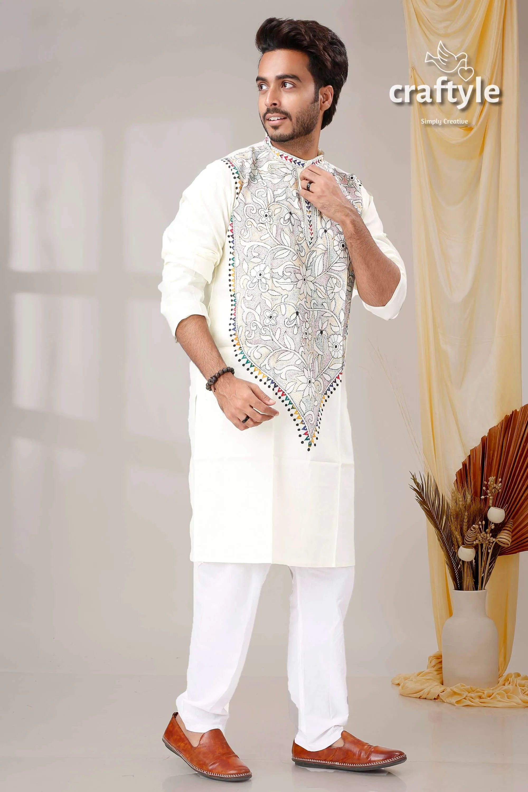 Cream white reverse kantha work hand embroidery men’s kurta embroidered vest intricate silver 1