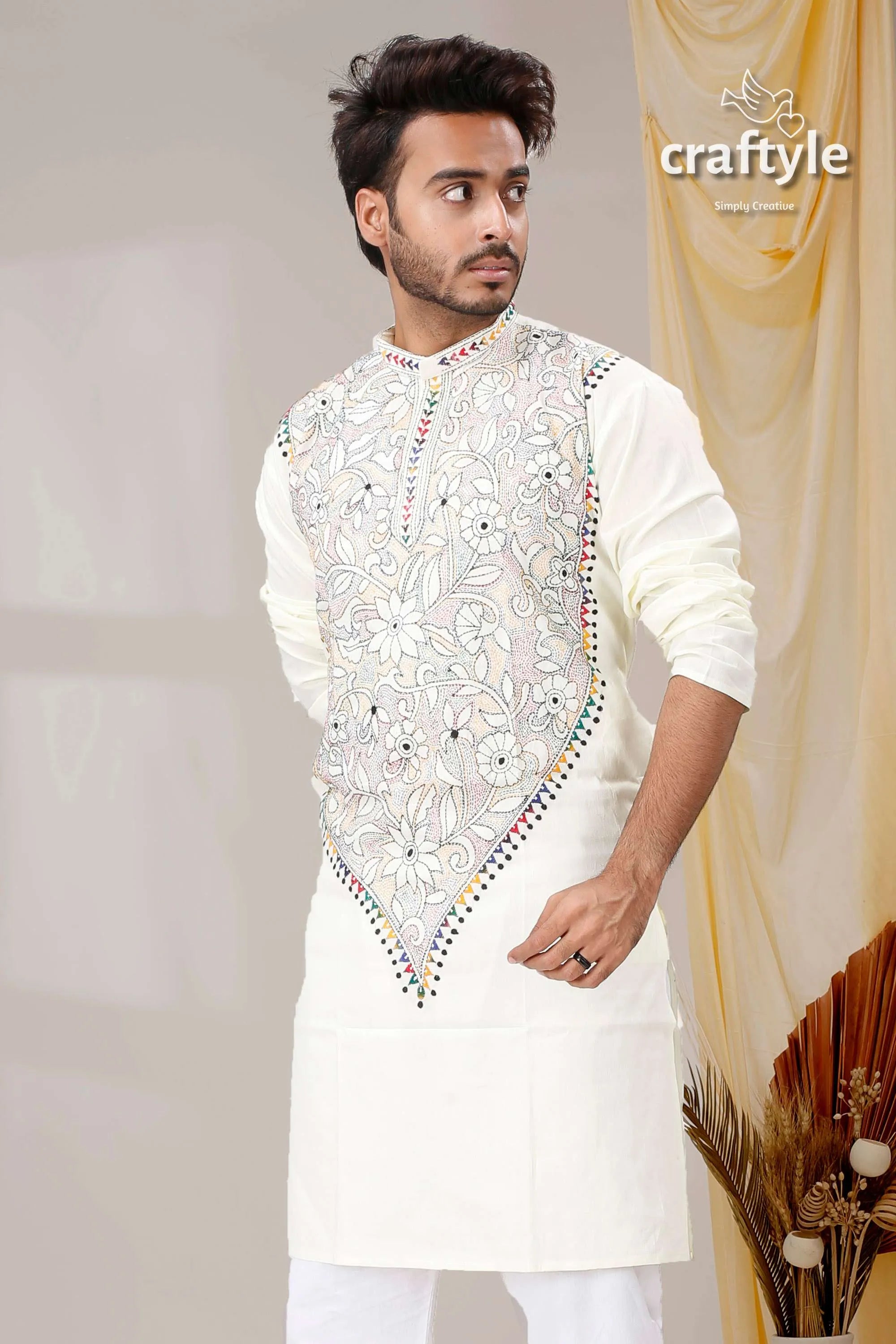 Cream white reverse kantha work hand embroidery men’s kurta embroidered intricate floral 2