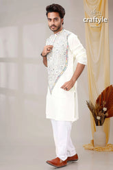 Cream white reverse kantha work hand embroidery men’s kurta embroidered intricate floral 4