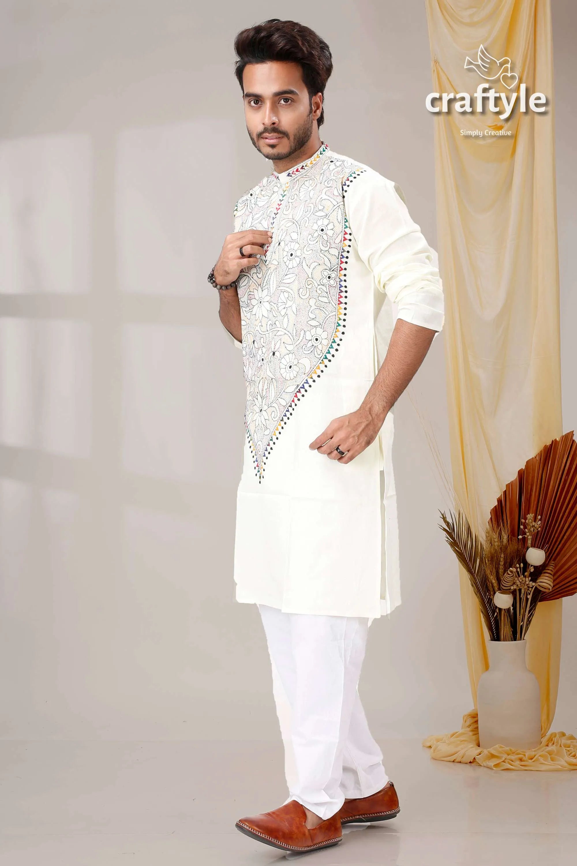 Cream white reverse kantha work hand embroidery men’s kurta embroidered intricate floral 4