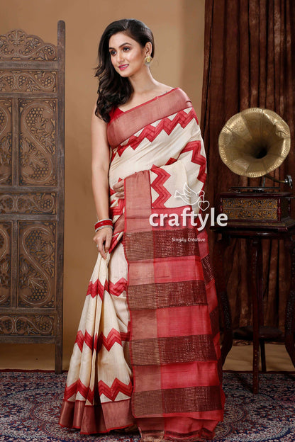 Cream White Zigzag Design Hand Block Zari Pure Tussar Saree - Craftyle