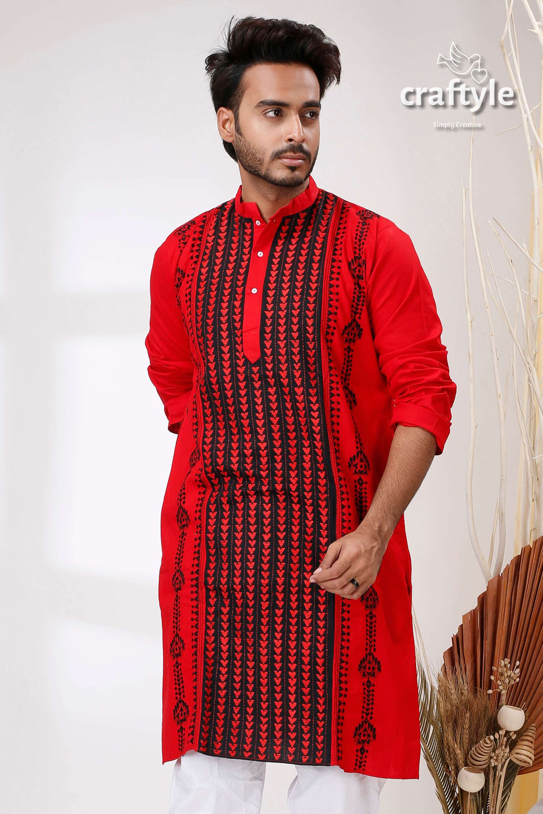 Crimson and Black Kantha Work Cotton Punjabi for Men - Craftyle