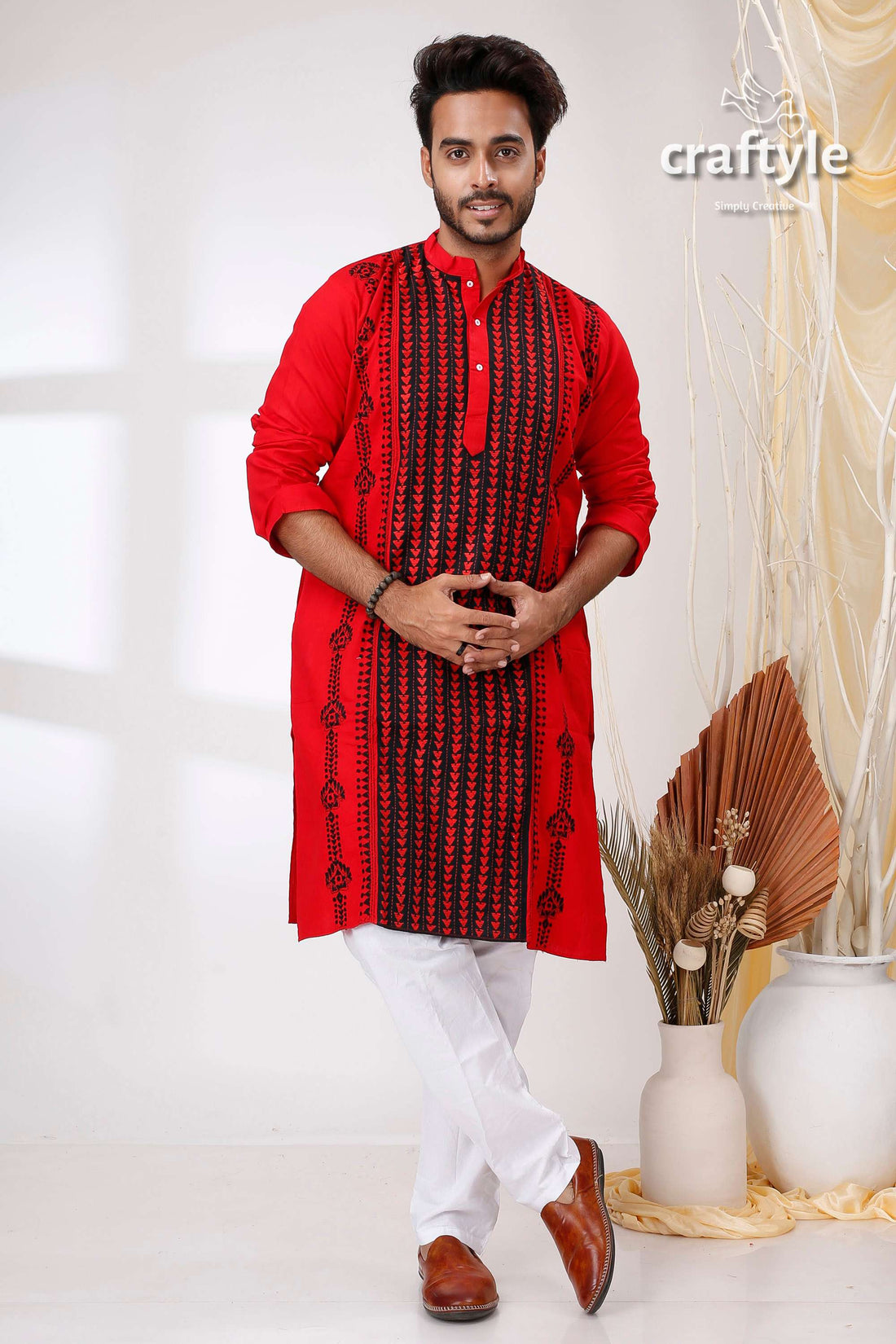 Crimson and Black Kantha Work Cotton Punjabi for Men - Craftyle