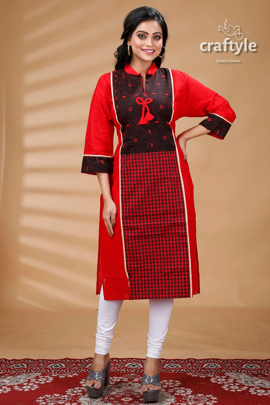 Crimson Red and Black Check Designer Cotton Kantha Kurti - Craftyle