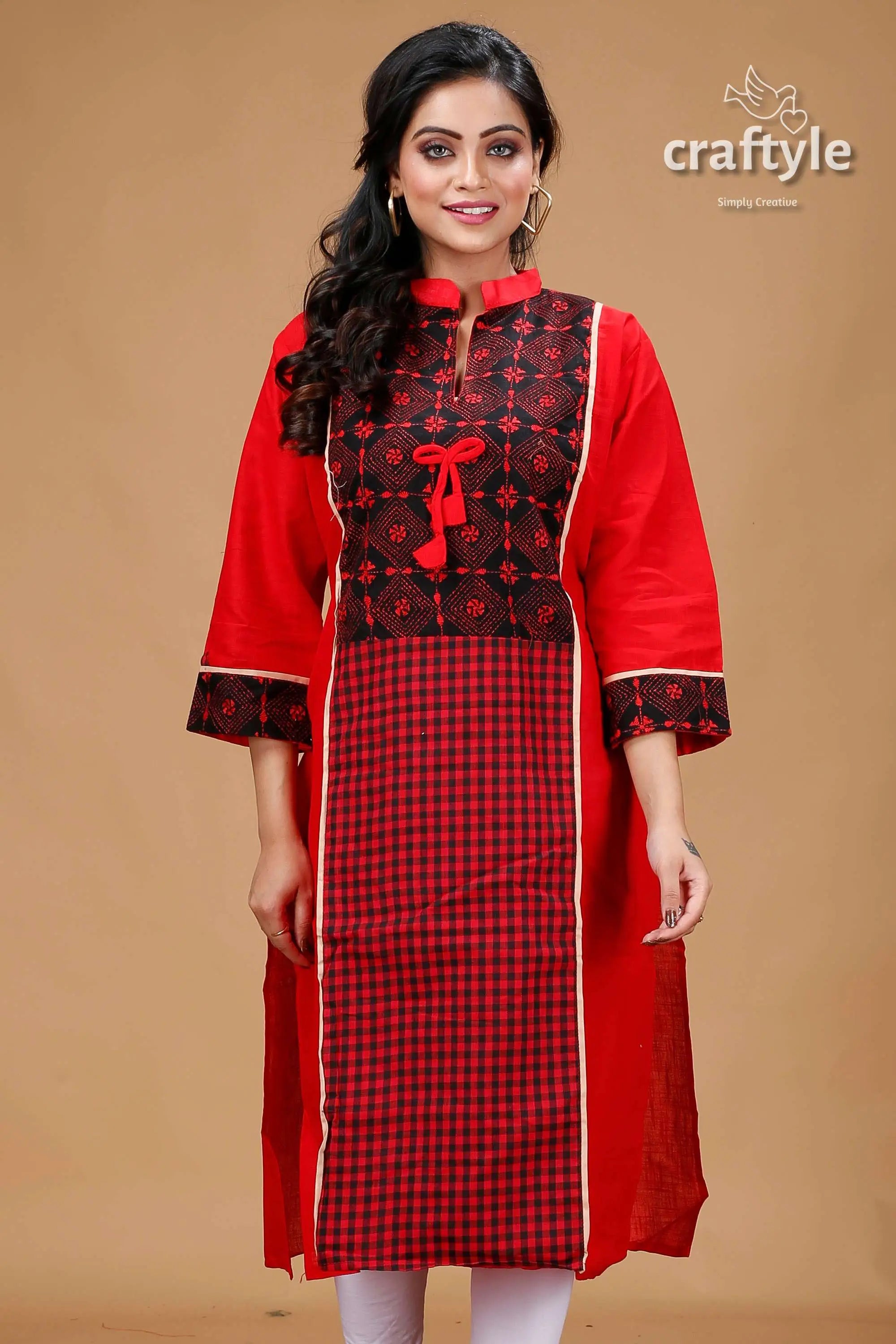 Crimson red black cotton kantha designer kurti for women red black patterned kurta 2