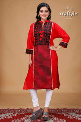 Crimson red black cotton kantha designer kurti for women red black patterned tunic 4