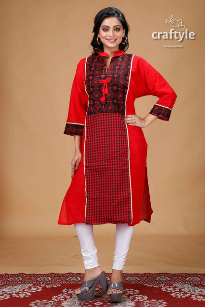 Crimson red black cotton kantha designer kurti for women red black patterned tunic 4