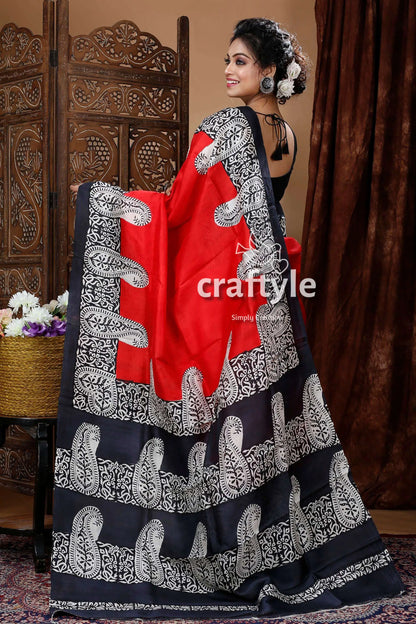 Crimson red &amp; black hand block mulberry pure silk saree red black paisley saree 2