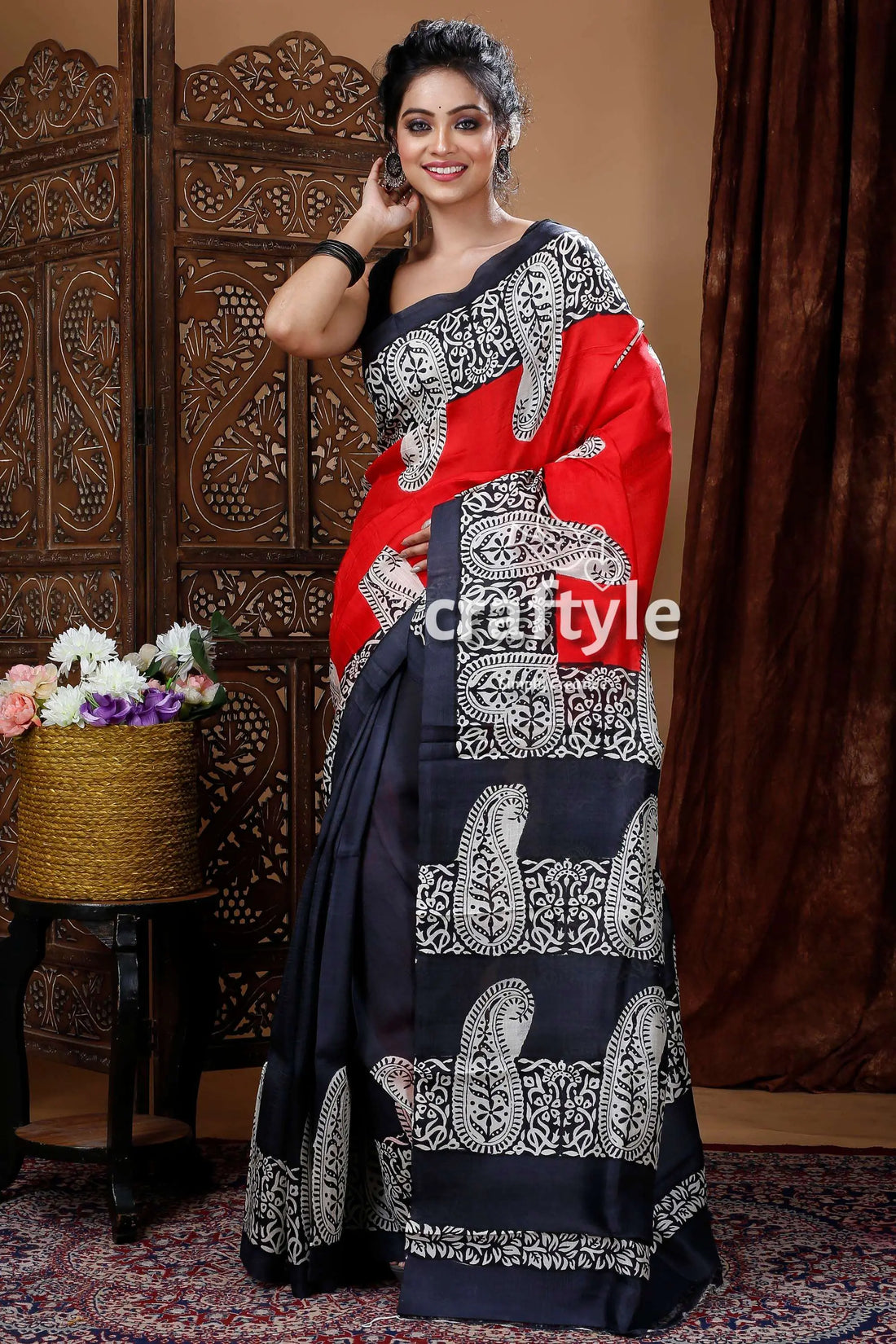 Crimson red & black hand block mulberry pure silk saree red navy blue saree white 1