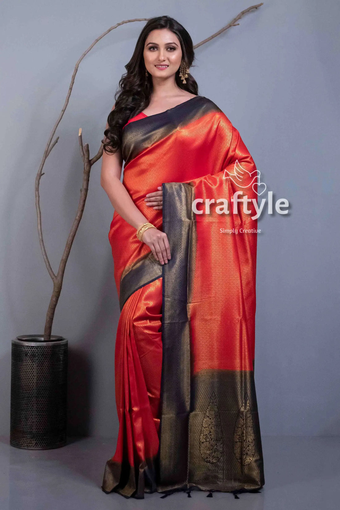 Crimson red blended silk brocade kanjivaram saree for women red black silk saree 1