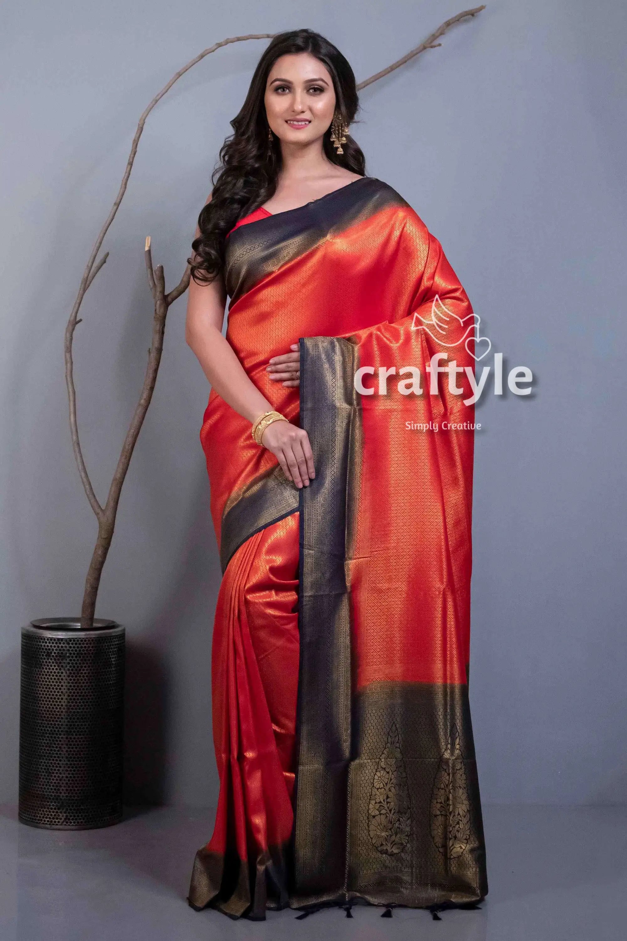 Crimson red blended silk brocade kanjivaram saree for women red black silk saree 1