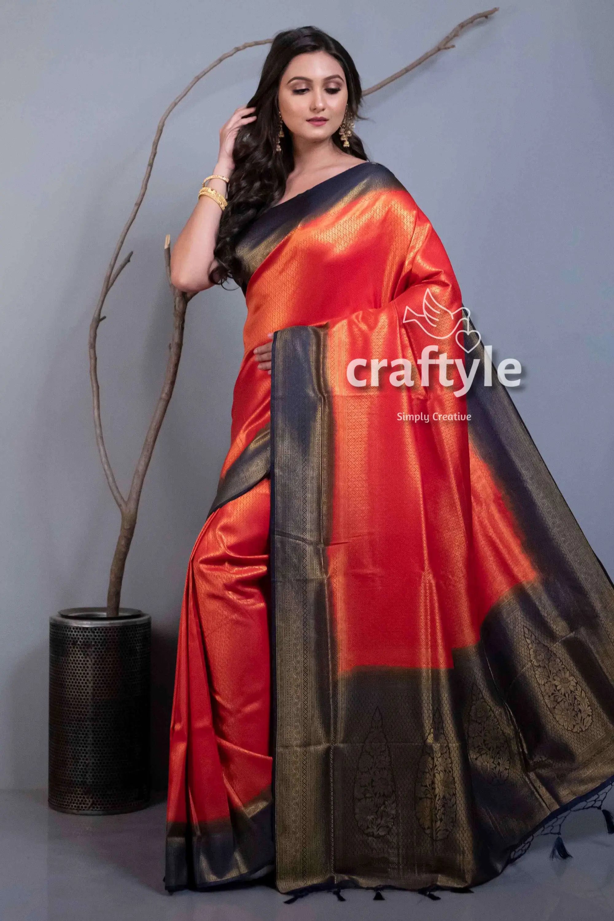 Crimson red blended silk brocade kanjivaram saree for women elegant red black saree 3