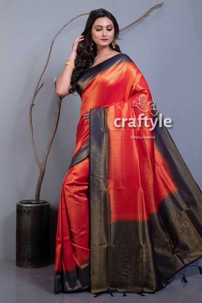 Crimson red blended silk brocade kanjivaram saree for women elegant red black saree 3