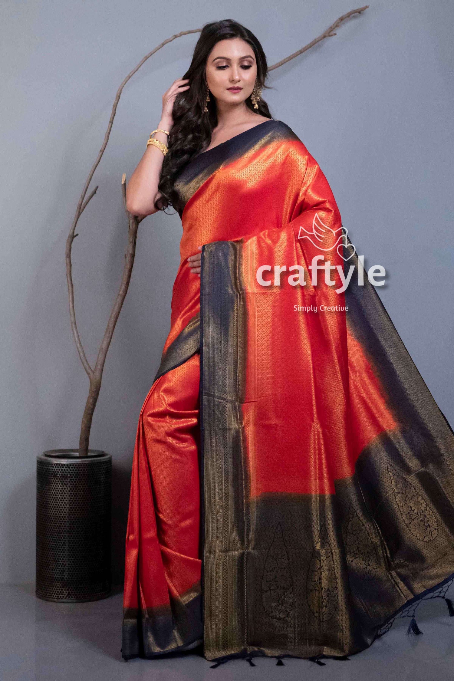 Crimson Red Blended Silk Brocade Kanjivaram Saree for Women - Craftyle