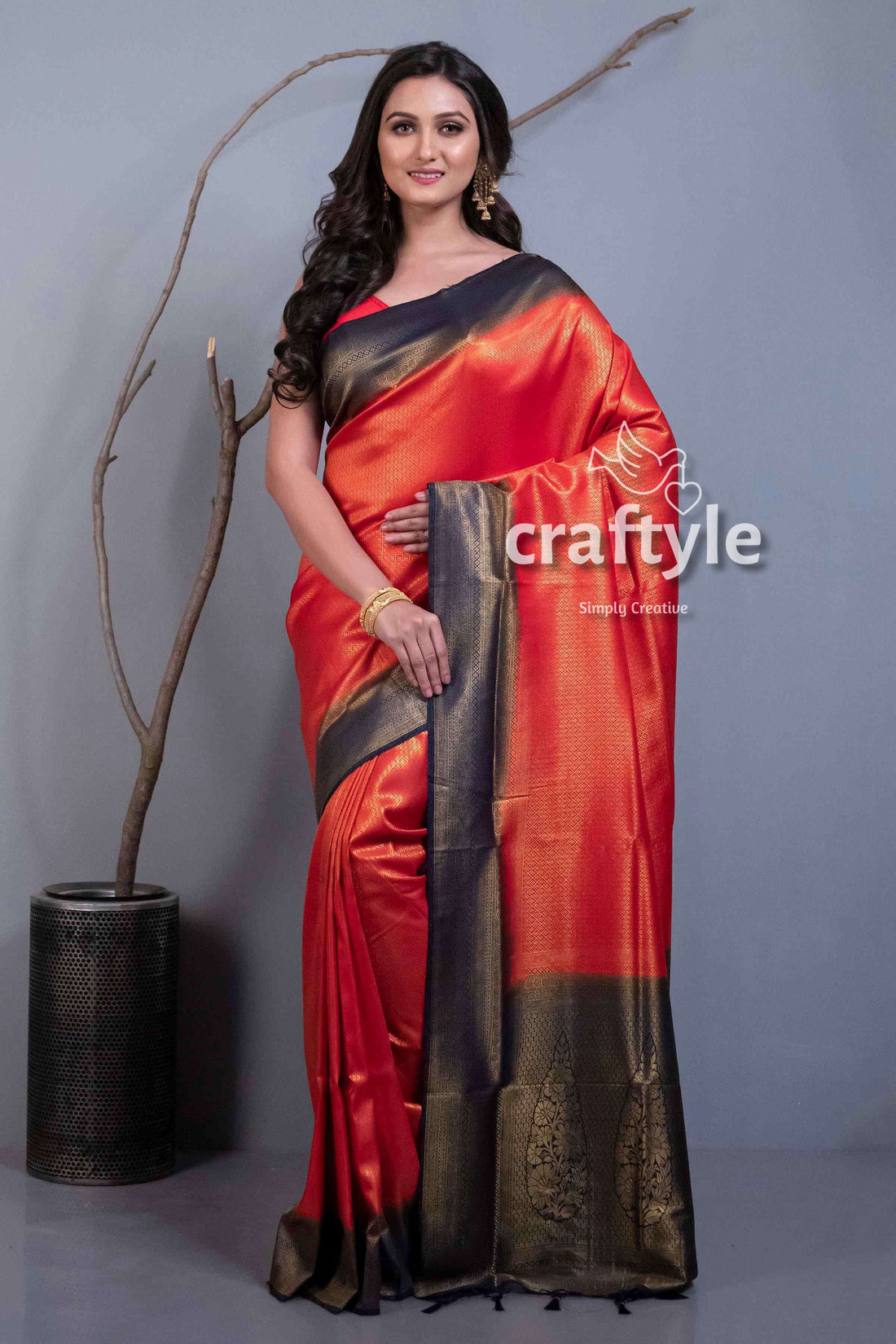 Crimson Red Blended Silk Brocade Kanjivaram Saree for Women - Craftyle