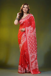 Crimson red circular pattern handmade kutch embroidery silk saree 1