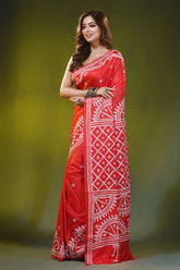 Crimson red circular pattern handmade kutch embroidery silk saree 3