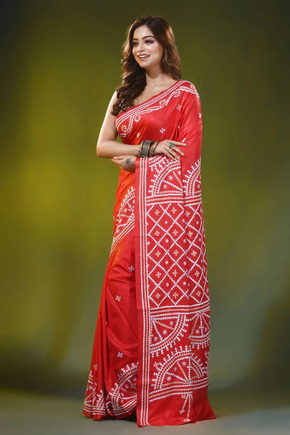 Crimson red circular pattern handmade kutch embroidery silk saree 3