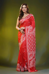 Crimson red circular pattern handmade kutch embroidery silk saree 6