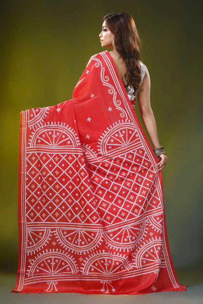 Crimson red circular pattern handmade kutch embroidery silk saree 5