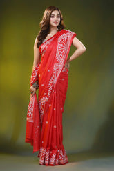 Crimson red circular pattern handmade kutch embroidery silk saree 4