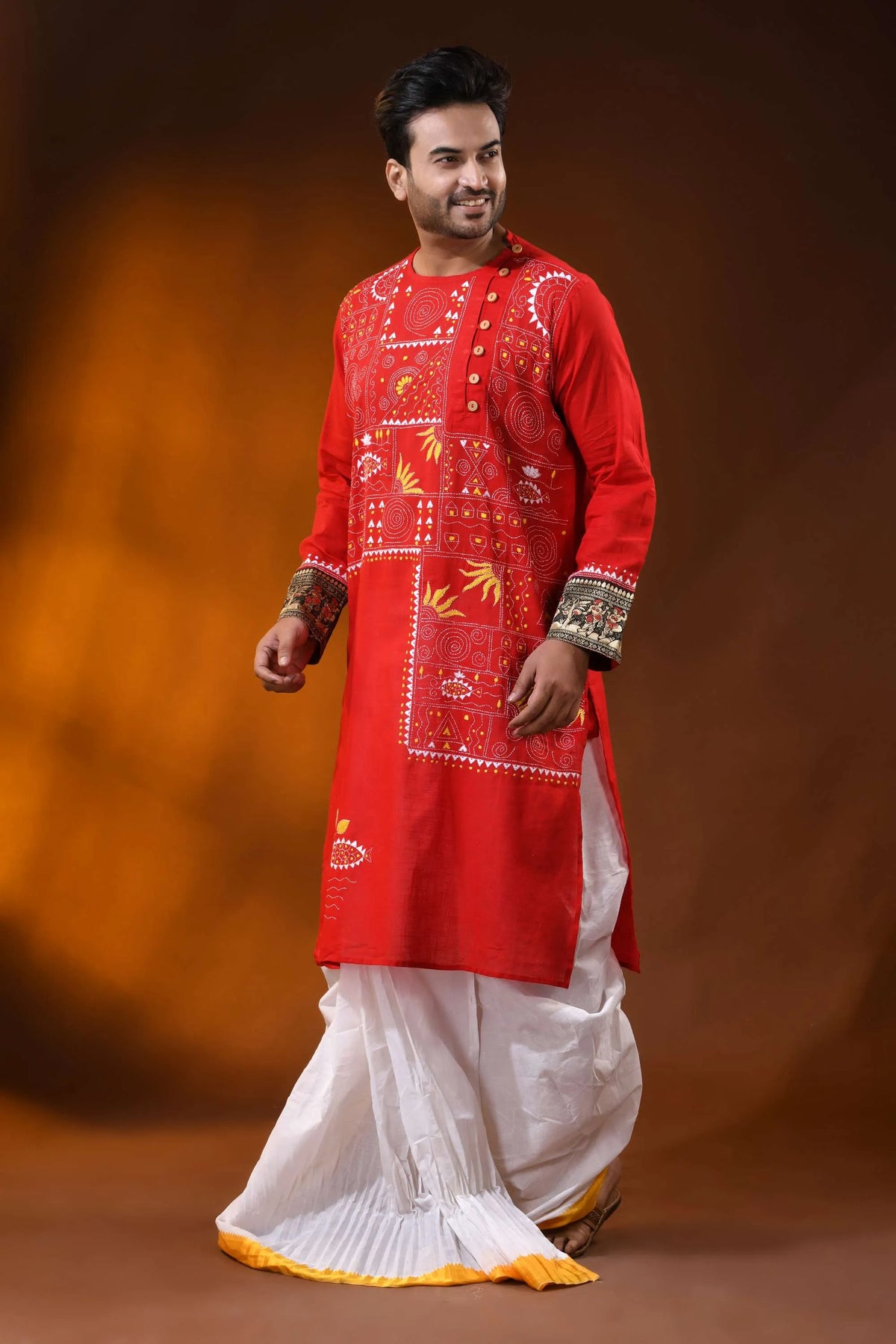 Crimson red cotton men’s punjabi featuring kantha stitch folk art 3