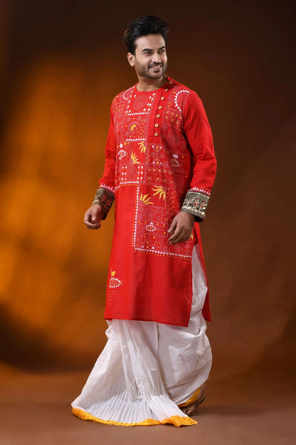 Crimson red cotton men’s punjabi featuring kantha stitch folk art 3