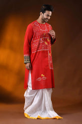 Crimson red cotton men’s punjabi featuring kantha stitch folk art 4