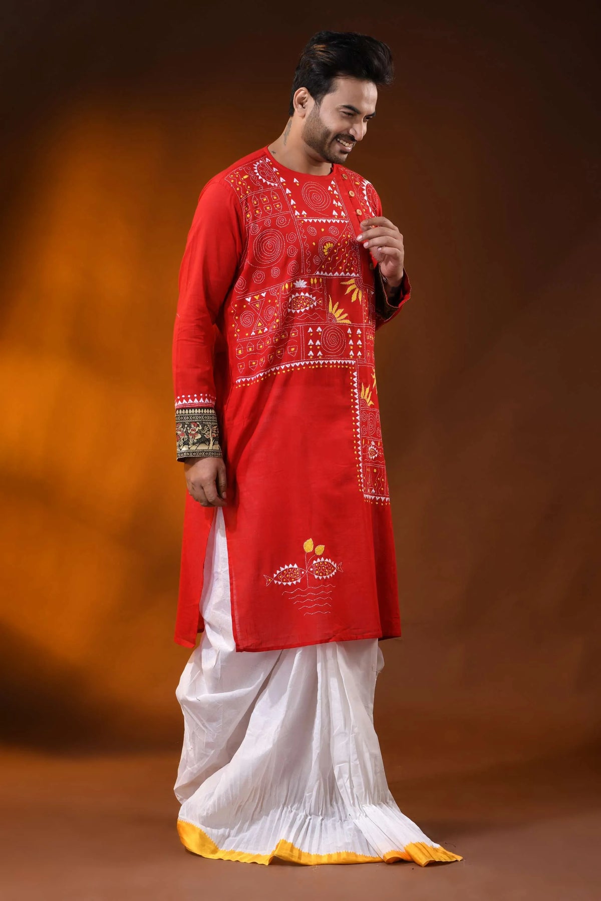 Crimson red cotton men’s punjabi featuring kantha stitch folk art 4