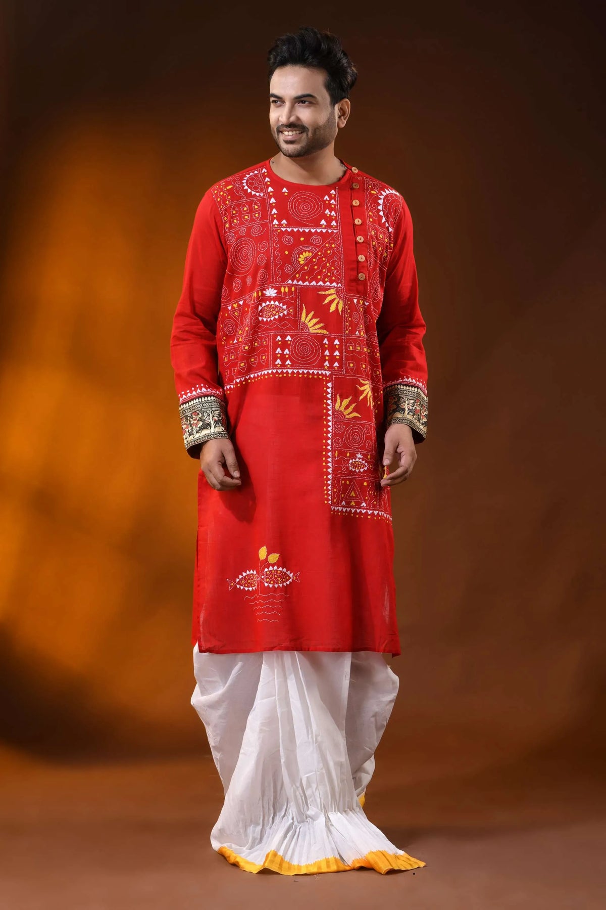 Crimson red cotton men’s punjabi featuring kantha stitch folk art 6