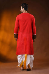 Crimson red cotton men’s punjabi featuring kantha stitch folk art 5