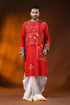 Crimson red cotton men’s punjabi featuring kantha stitch folk art 1